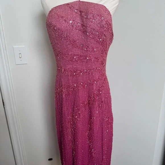 Vintage pink beaded Elegant Pink Strapless Dress Silk Gown Fairy Formal Glam XL - Picture 9 of 12